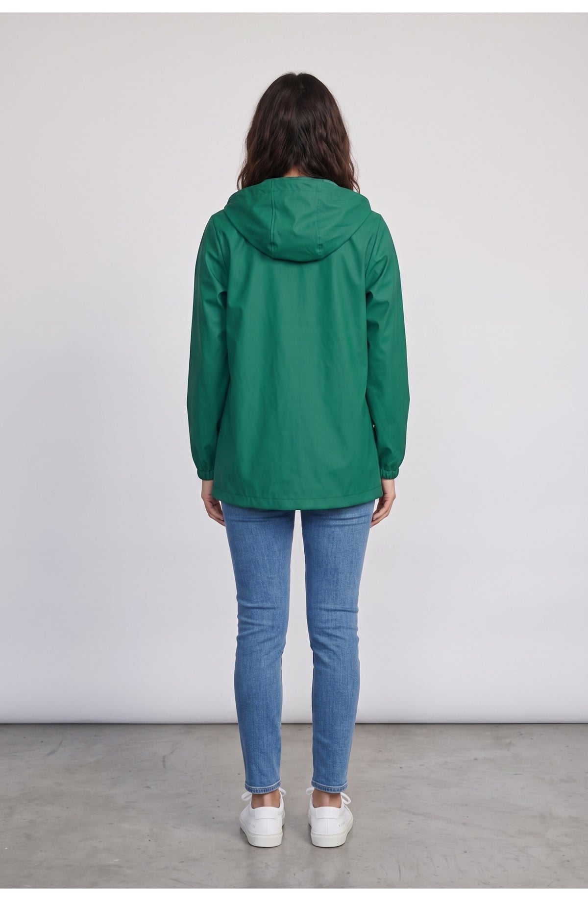 Women's Hooded Rain Jacket, back view (shown in Emerald)