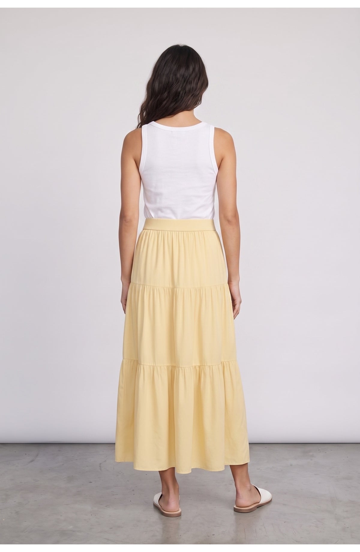 Women's Tiered Maxi Skirt, back view (shown in Butter Yellow)