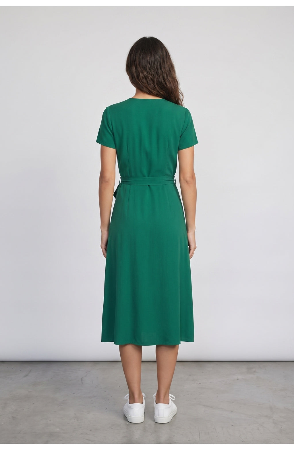 Women's Wrap Midi Dress, back view (shown in Emerald)