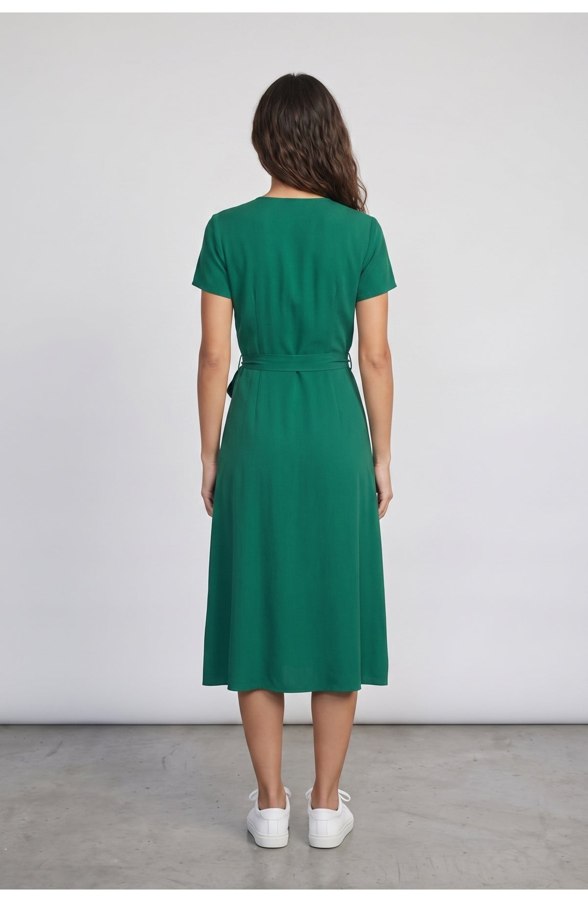 Women's Wrap Midi Dress, back view (shown in Emerald)