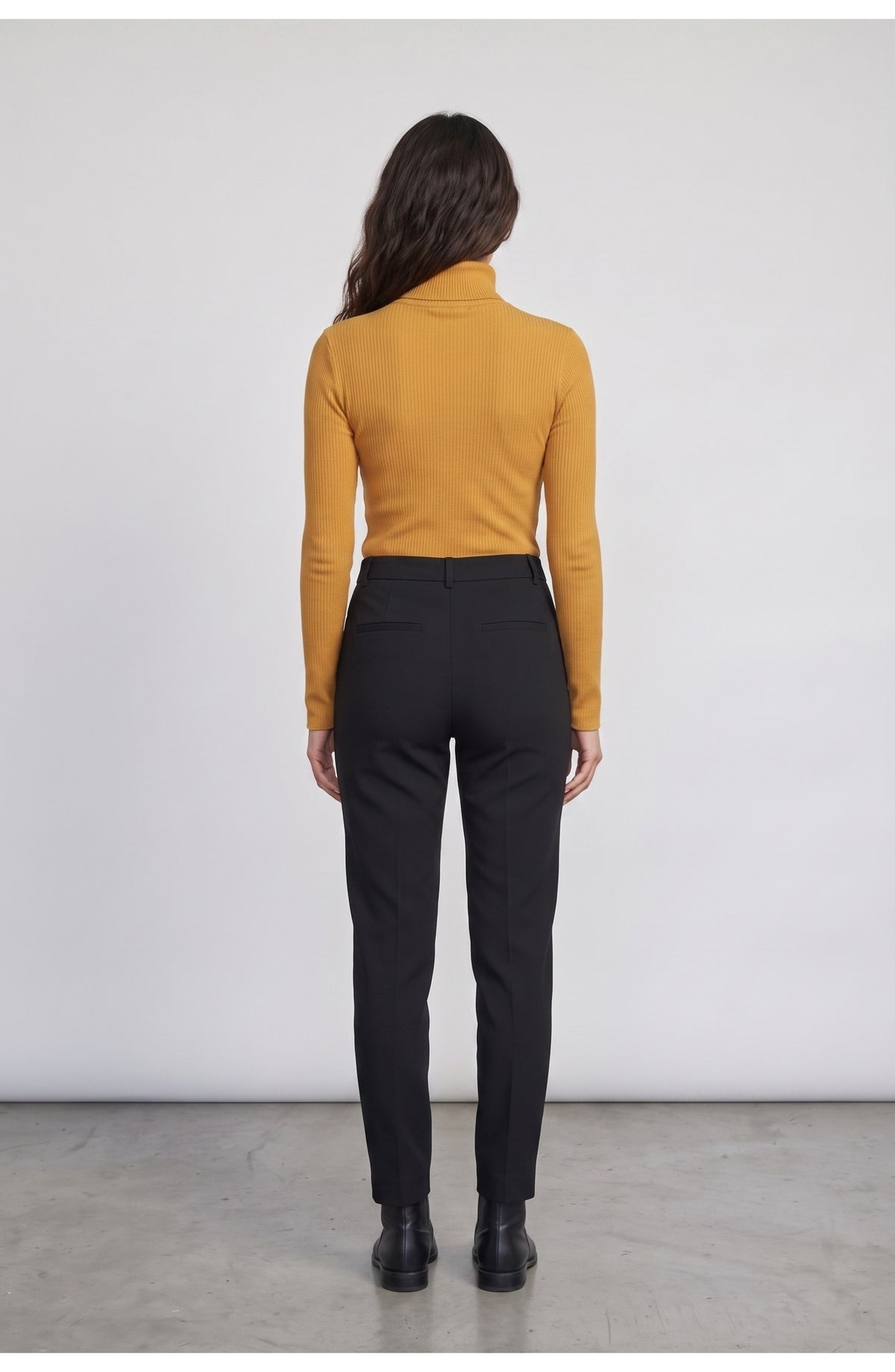Women's Fitted Turtleneck Top, back view (shown in Mustard)