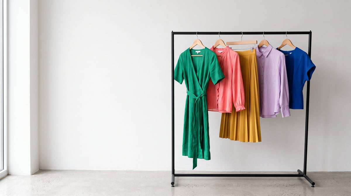 Colorful rail of dresses, tops and skirts